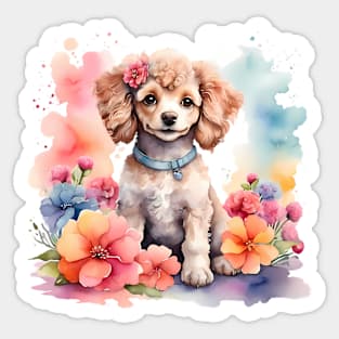 A poodle decorated with beautiful watercolor flowers Sticker